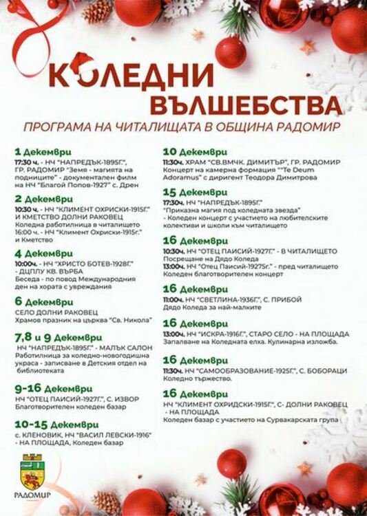Програма със събитията през месец декември на читалищата в община Радомир